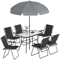 Outsunny Set Grădină 8 piese cu Umbrelă, 6 Scaune Pliabile și Masă din Sticlă Temperată, Negru(m-11)