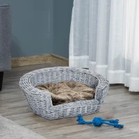 PawHut Cama para Cães de Vime Cama de Vime para Gatos Cães com Almofada Lavável 57x46x17,5cm Cinza(m-10)
