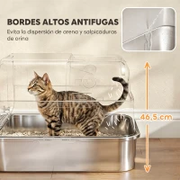 PawHut Arenero para Gatos de Acero Inoxidable XXL con Tapa Abatible Laterales Altos Entrada Superior Pala Gris(m-5)