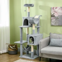 PawHut Albero per Gatti con Amaca, Lettino e 2 Casette, in Truciolato e Peluche, 55x49x177 cm, Grigio e Bianco(m-9)