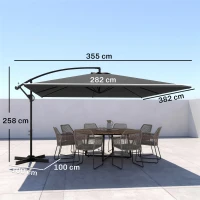 Outsunny Parasol déporté rectangulaire 3,6x3,9 m avec manivelle, base en croix, parasol inclinable et rotation à 360°, gris(m-3)