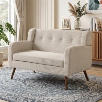HOMCOM Canapea 2 locuri 118 cm cu aspect corduroy, capitonaj cu nasturi, canapea tapițată modernă și confortabilă cu picioare din lemn pentru spații mici(m-6)