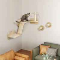 PawHut Katzen Kletterwand Set mit Kratzpfosten, Sprungplattformen und Spielbällen, zum Klettern und Ausruhen, Beige(m-10)