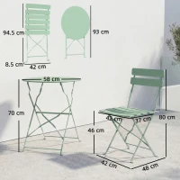 Outsunny Folding Garden Bistro Set, Outdoor Round Bistro Table and Chairs Set 2 with Electrophoresis Metal Frame, Light Green(m-3)