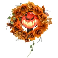 Outsunny Halloween-Kranz, Grusel-Kürbis-Design, Herbstblätter, Lichteffekte, Kunststoff(m-12)