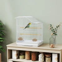 PawHut Gabbia per Uccelli a 4 Porte con 2 Ciotole, 2 Posatoi e Vassoio, in Metallo e Plastica, 47.5x36x54.5 cm, Bianco(m-2)