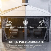 Outsunny Tonnelle pavillon de jardin avec toit rigide polycarbonate imperméable 4 parois latérales anti-UV moustiquaires 4 x 3 m gris foncé et noir(m-5)