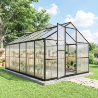 Outsunny Serre de jardin en aluminium polycarbonate, serre avec fenêtres supérieures réglables 363x247x205cm noir(m-10)