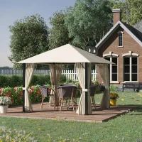 Outsunny Gazebo da Giardino 3x3m in Alluminio e Acciaio con Prese d'Aria, Zanzariera e Tende, Cachi(m-2)