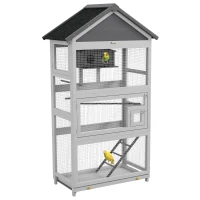 PawHut Voliera per Uccellini a 3 Porte con Casetta e Vassoio, in Legno e Metallo, 92x52x171 cm, Grigia e Nera(m-1)