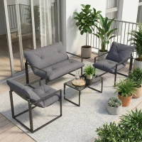 Outsunny Set da Giardino 4 Pezzi con Divanetto, 2 Poltrone e Tavolino, in Acciaio, Poliestere e Cotone PP, Nero e Grigio(m-2)
