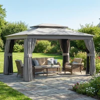 Outsunny Gazebo da Giardino a 2 Livelli con Zanzariere e Tende, in Metallo e Poliestere, 380x300x270 cm, Grigio Scuro(m-9)