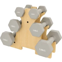 SPORTNOW Set de mancuernas 3 pares 1 kg 3 kg 5 kg con soporte de madera, agarre antideslizante, hierro fundido hexagonal, gris claro(m-7)