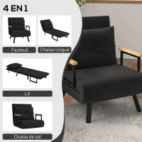 HOMCOM Fauteuil convertible 4 en 1 lit 1 place dossier 5 positions, accoudoirs en bois et coussin, tissu effet velours, noir(m-4)