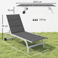 Outsunny Șezlong cu Roți, Spătar Reglabil, Cadru din Aluminiu, Cu Capitonare, Greutate Maximă 120 kg, Alb(m-3)