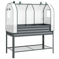 Outsunny Huerto Urbano Elevado con Cubierta de Invernadero y Estante Inferior para Cultivo Plantas 120x55x140 cm Gris Oscuro(m-1)