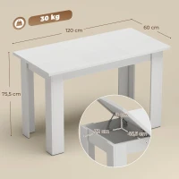 HOMCOM Mesa de Comedor para 4 Personas con Sobre Abatible y Compartimentos Ocultos, 120 x 60 x 75,5 cm, Blanco(m-3)