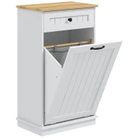 HOMCOM Mobiletto Bagno in Legno con Cesto Portabiancheria in Tessuto Ribaltabile e Cassetto, Bianco(m-1)