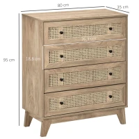 HOMCOM Commode 4 tiroirs meuble de rangement cannage en rotin aspect bois clair 80 x 35 x 95 cm(m-3)