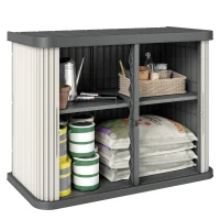 Outsunny Coffre de Rangement Extérieur 480 L, 2 Niveaux avec Portes Coulissantes Résistant aux UV, 120,5x59,5x92cm, Marron Clair(m-11)