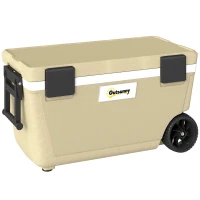 Outsunny 70L Insulated Cool Box with Wheels, Portable Ice Cooler with Handle, Lid and Drain Valve, Khaki(m-1)