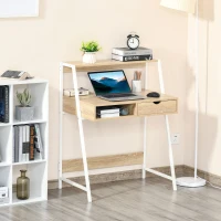 HOMCOM Bureau secrétaire Bureau Informatique Style néo-rétro tiroir Niche étagère métal blanc, aspect chêne clair(m-2)