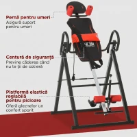HOMCOM Bancă de Inversiune cu Unghi și Înălțime Reglabile și Tetieră, din Oțel și Plastic, 79x114x153 cm, Roșu și Negru(m-5)
