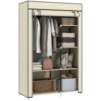 HOMCOM Armoire penderie en tissu meuble de rangement tringle à vêtements et étagères ouvertes 103x43x162,5cm crème(m-11)