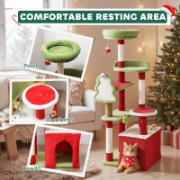 PawHut Cat Tree, 120cm Christmas Cat Tower with 3 Scratching Posts, Scratching Board, 2 Perches, Platforms, Toys, Green(m-6)