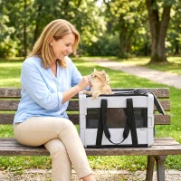 PawHut Transportador Macio para Cães Mini e Gatos Dobrável com Base Rígida Janelas em Rede 49,5x34x35,5 cm Cinza(m-3)
