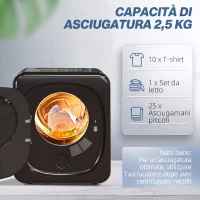 HOMCOM Asciugatrice ad Aria Carico 2.5kg con Timer e Programma Smart, in Acciaio Inox e ABS, 48x40x56 cm, Nero(m-5)