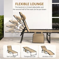 Outsunny Portable Sun Lounger, Folding Camping Bed Cot, Reclining Lounge Chair 5-position Adjustable Backrest with Side Pocket, Pillow for Patio Garden Beach Pool, Beige(m-4)