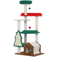 PawHut 135 cm Katzenkratzbaum in Weihnachtsfarben mit Katzenbett, Katzenhaus, Kratzpfosten, Sprungplattformen, Spielzeugbällen(m-11)