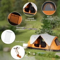 Outsunny Six-Man Tent, with Two Rooms, Small Rainfly and Accessories - Orange(m-8)