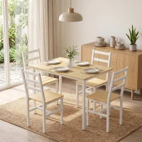 HOMCOM Set Masă pentru Sufragerie cu 4 Scaune, Masă Dreptunghiulară 108 cm, Scaune cu Spătar cu Șipci, Stejar și Alb(m-5)