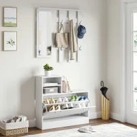 HOMCOM Recibidor con Espejo Perchero y Zapatero Muebles de Entrada con 6 Ganchos y Estantes para 8 Pares de Zapatos Blanco(m-8)