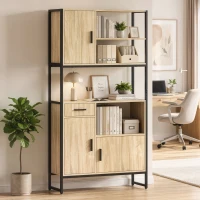 HOMCOM Aparador Alto para Cozinha Armário de Cozinha 3 Portas com Fecho Suave Gaveta Bancada Nichos Abertos Madeira Natural(m-4)