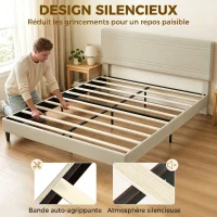 HOMCOM Cadre de Lit 160 x 200 cm avec Sommier en Bois, Rembourré en Effet Lin, Cadre en Acier, 9 Pieds Robustes, Beige(m-6)