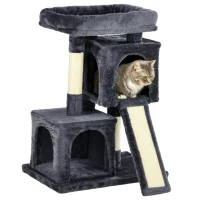 PawHut Albero Tiragraffi per Gatti con Pali in Sisal, Lettino e 2 Casette, 59x39x81cm, Grigio Scuro(m-1)