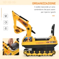HOMCOM Escavatore Ruspa Giocattolo Cavalcabile per Bambini max. 30 kg con Schienale, Braccio Mobile e Vano Contenitore, 78x24x58.5cm(m-6)