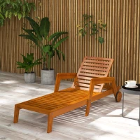 Outsunny Bain de soleil en bois à lattes avec dossier inclinable sur 3 positions accoudoirs 2 roues 66 x 190 x 73,5 cm(m-2)