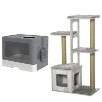 PawHut Conjunto para Gatos com Arranhador para Gatos 114 cm com Múltiplas Plataformas e Caixa de Areia Coberta Cinza(m-1)