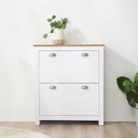 HOMCOM Meuble à chaussures 12 paires, armoire à chaussures étroite avec 2 tiroirs rabattables et étagères réglables, poignées coquilles métal, pour couloir, entrée, 79 x 23 x 90,5 cm, blanc et chêne(m-10)