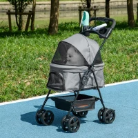 PawHut Poussette pour chien et chat pliable, 4 roues avec freins, tissu Oxford 300D imperméable, panier de rangement, gris(m-10)