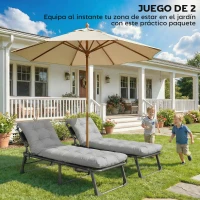 Outsunny Juego de 2 Cojines para Tumbonas 180x55 cm Cojines para Sillas de Jardín Gruesas UPF30+ con 4 Cintas Gris Claro(m-8)