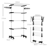 HOMCOM Stendino Verticale con 4 Ripiani Regolabili, in Acciaio e Plastica, 142x55x172 cm, Nero e Argento(m-3)