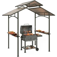 Outsunny Gazebo da Giardino per Barbecue, Doppio Tetto Anti-UV e Struttura in Acciaio con Mensole, 240x150x250cm, Nero(m-1)