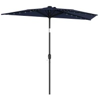 Outsunny 2.6 m Half Garden Parasol with Solar LED Lights, UPF50+ Semi Round Umbrella with 30° Tilt, Crank Handle, Dark Blue(m-1)