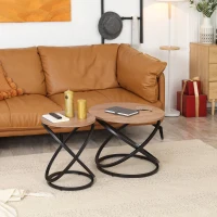 HOMCOM Table basse ronde style industriel en métal noir et plateau en bois - dim. Ø 60 x 46H cm(m-7)