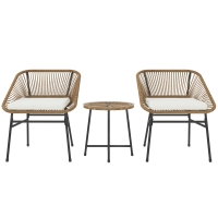 Outsunny 3 Pieces Rattan Bistro Set, Wicker Small Garden Table and Chairs Set with Cushions and Glass Top Coffee Table, Bistro Garden Furniture Set for Outdoor, Patio, Balcony, Natural